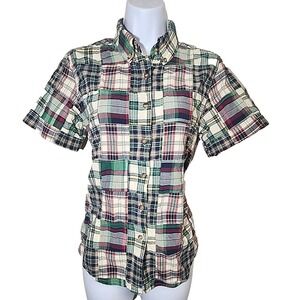 Orvis Womens Madras Plaid Patchwork Button Up Top Size S Country Ranch‎ Preppy